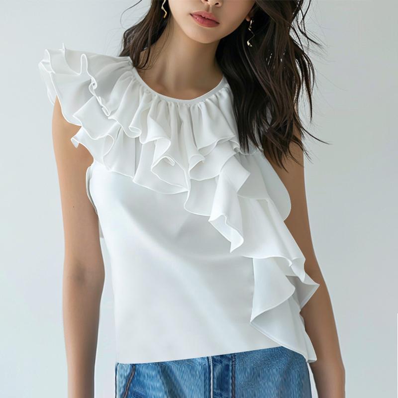 

ZANZEA Женские летние однотонные майки без рукавов с круглым вырезом и оборками 4XL белый