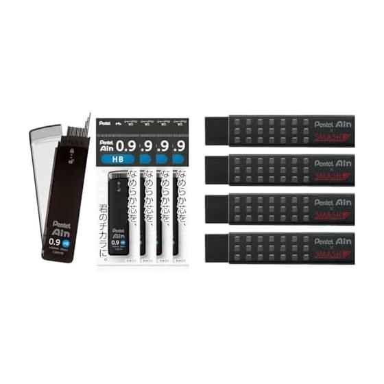 Pentel Ain Sharp Pencil Lead, 0.9mm, HB, 5 Pieces, XC289-HB; Pentel Smash Eraser, Black, 4 Pieces, AMZ-ZETH17SMN4