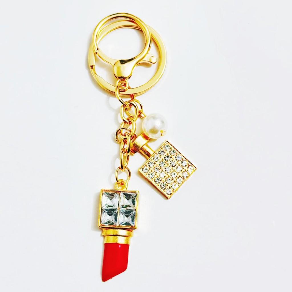 Rhinestone Perfume Bottle Lipstick Pearl Keychain Charm