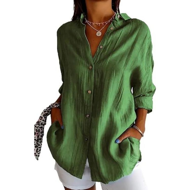 European Style Women Solid Pleated Shirt with Lapel and Roll Up Sleeves
