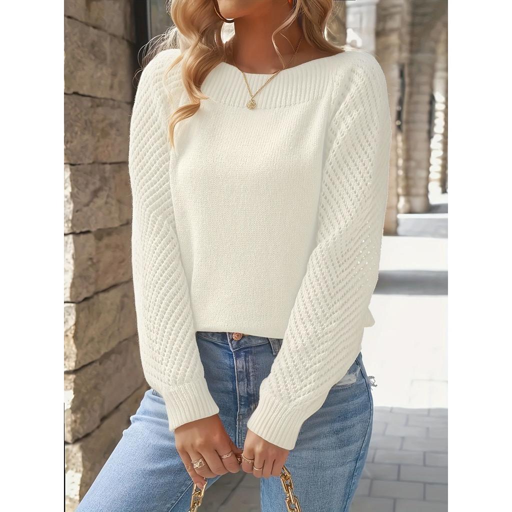 Suéter de Mujer Primavera y Otoño Color Sólido Calado Manga Larga Un Hombro Jersey de Punto Top