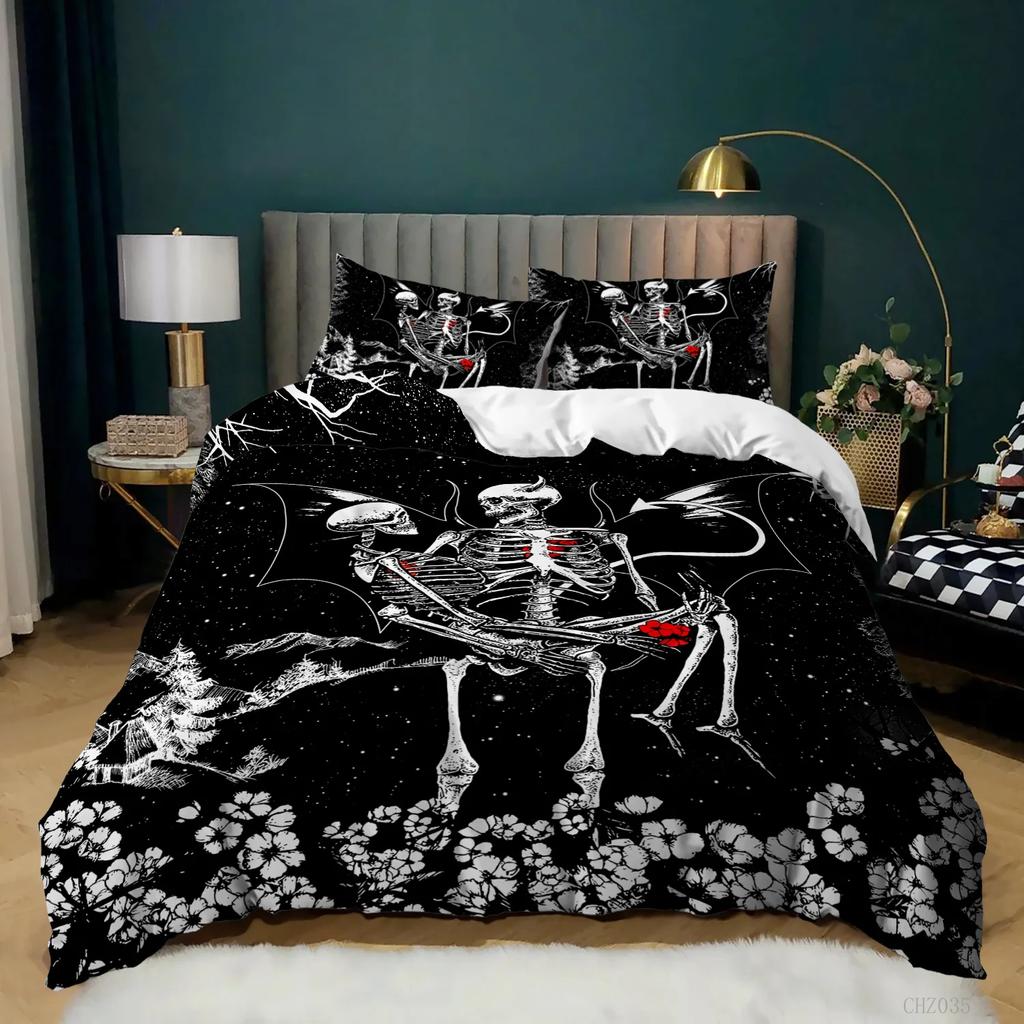 Skull Duvet Cover Gothic Floral Bedding Set Lotus Flower Sketch Comforter Cover Retro Leaf Skeleton Bones Polyester Quilt Cover