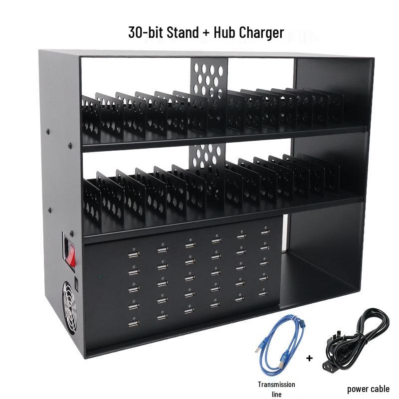 30-Port USB Hub Splitter and Mobile Phone Storage Rack with Multi-Port Expansion