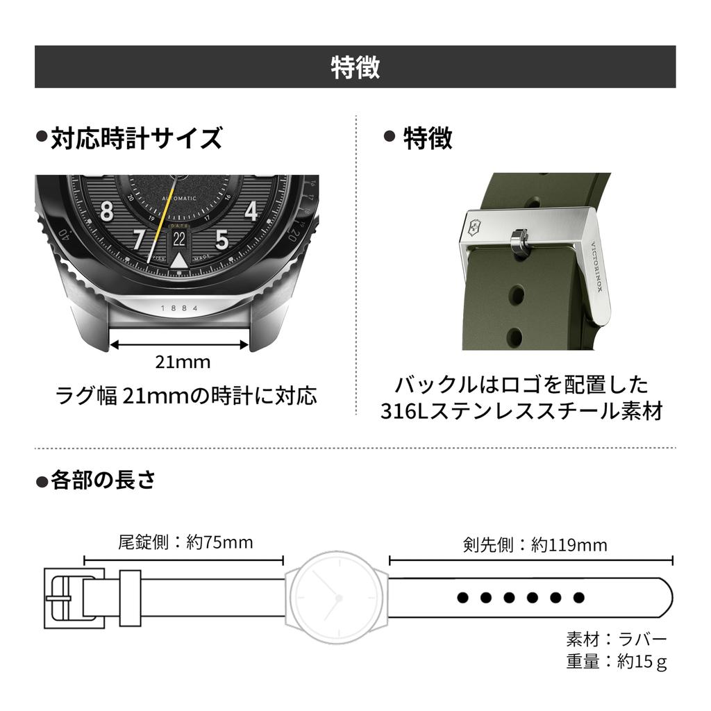 Watch Band 21mm No Tools Required Rubber Strap D2 Pin Buckle Watch Strap Replacement Strap Lightweight Breathable Green [Victorinox] [] V.60041