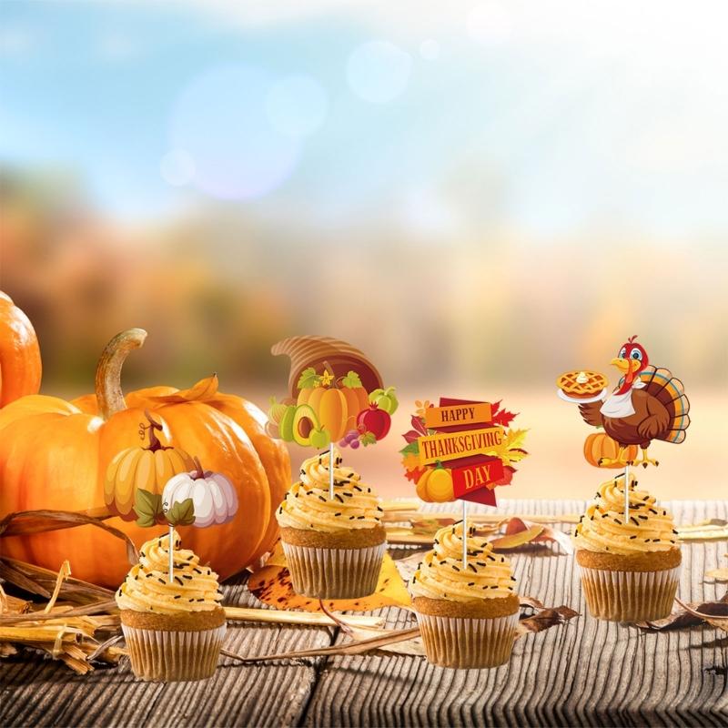 Thanksgiving Cake Inserts, Pack of 12pcs Cake Plug-in and Flag Inserts Turkey Decorations for Holiday Party Gathering