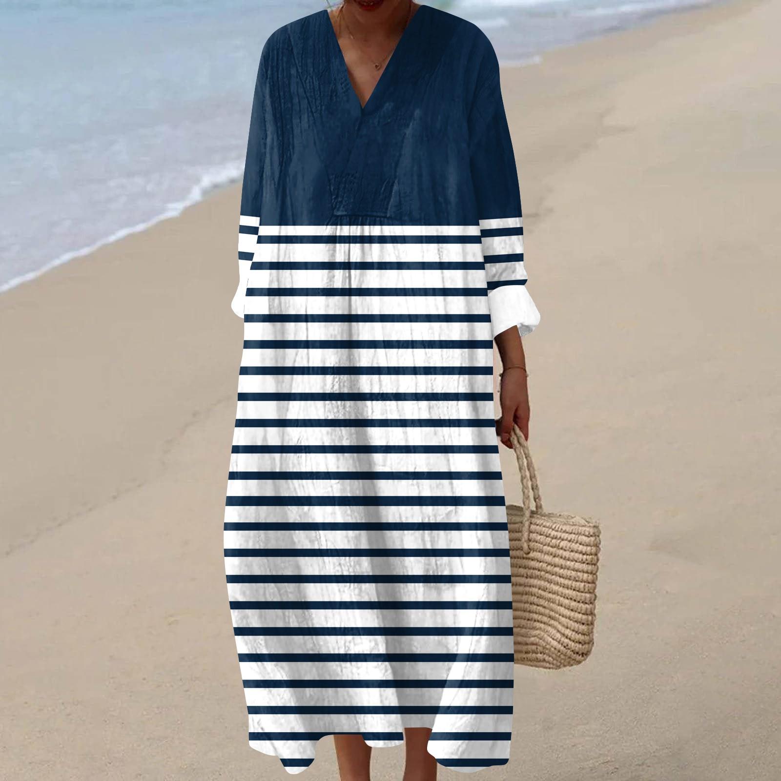 

Women s Casual Fashion V-Neck Long Sleeve Striped Maxi Dress XL