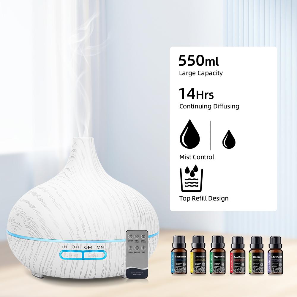 Diffuser Ultrasonic Essential Oil Diffuser with Remote  550ml Wood Grain Humidifier, 6  Oils, Auto Shut Off, Ultra Quiet for Hom