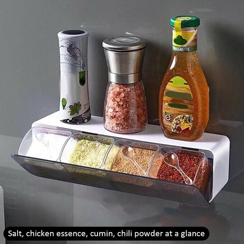 Collapsible Wall-mounted Spice Box Combination Four-grid Kitchen Device Sets Multi Plastic Container for Seasoning Tools