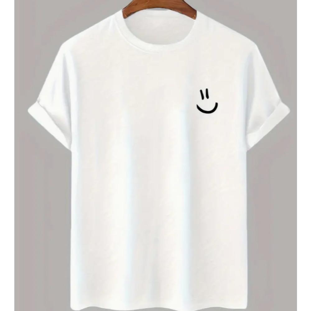 Men Cotton White T-Shirt with Joyful Face Print Minimalist Round Neck Short Sleeve Casual Attire  T Shirts