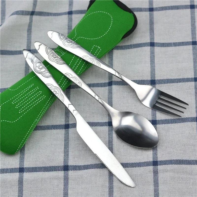 

Picnic Tableware Set Washable with Zipper Travel Cutlery Kit Case Portable Pouch for Dinner Household Tool Travel Camping Spoon зелений