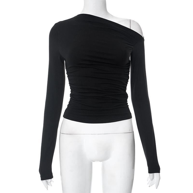 Women's One-Shoulder Ruched Long Sleeve Cropped Top - Autumn Style