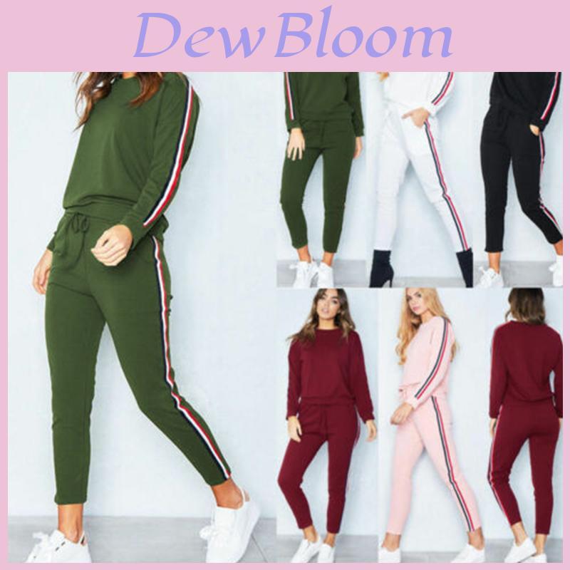 Women's 2 Pcs/set Tracksuits Comfy Striped Loungewear With O-neck And Drawstring