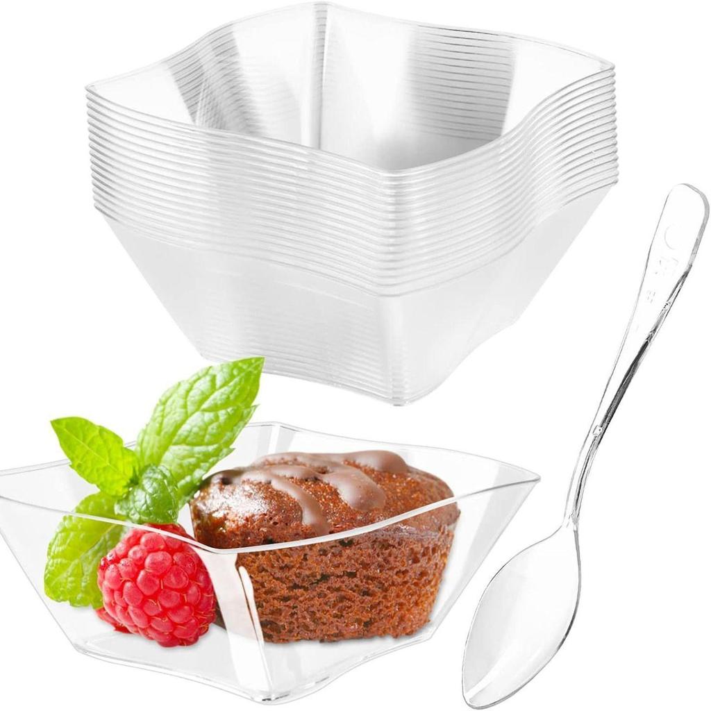 Set de Cupe Pătrate Transparente pentru Sos și Mousse cu Lingurițe - Perfect pentru Deserturi și Aperitive