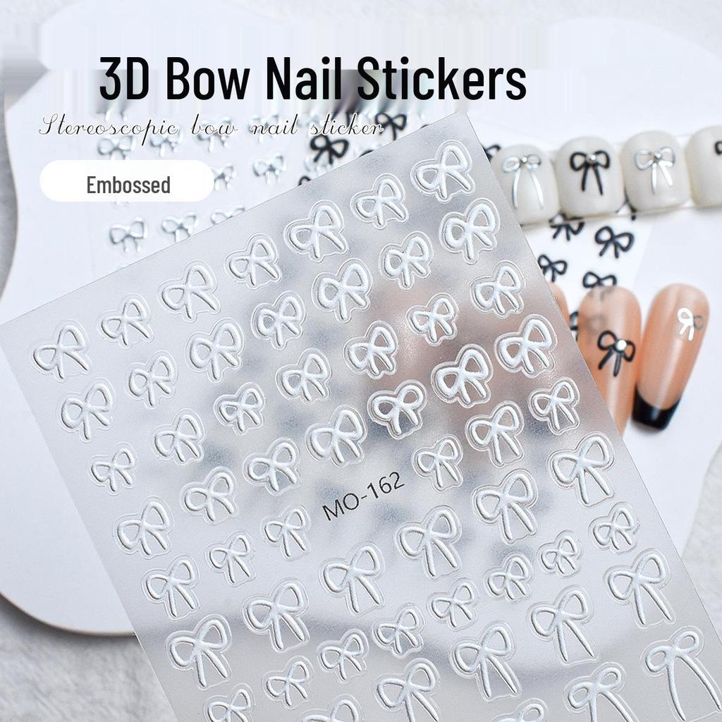 3D Bowknot Nail Stickers: Embossed Black, White, Silver Self-Adhesive Decals