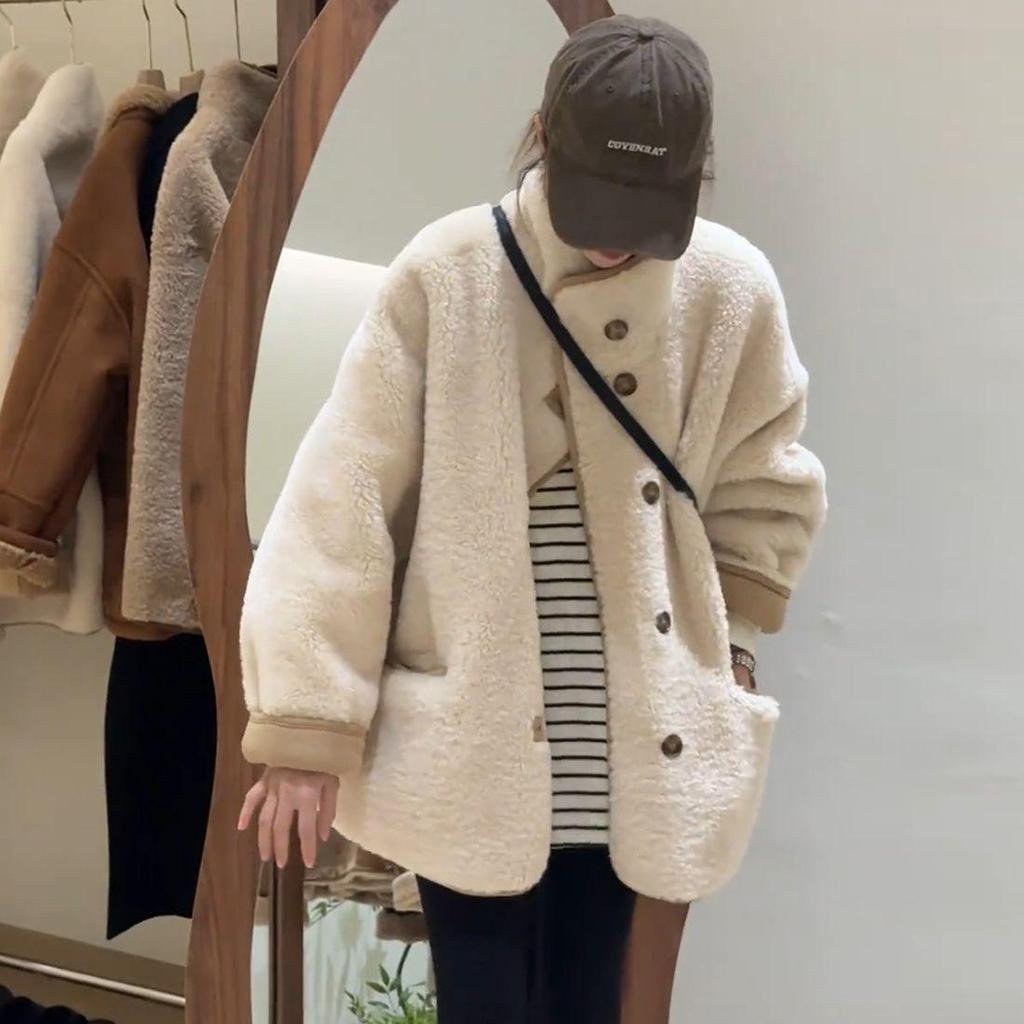 Women's Lambswool Stand Collar Coat, Loose Fit, Fur Integrated, Petite 2025, New Warm Winter Style