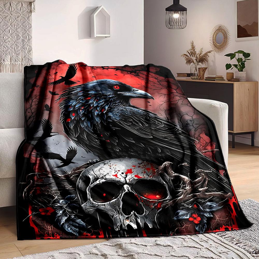 1pc Raven Skull Artwork Blanket, Lightweight Flannel Throw For Sofa, Bed, Travel, Camping, Livingroom, Office, Couch, Chair, And Bed,