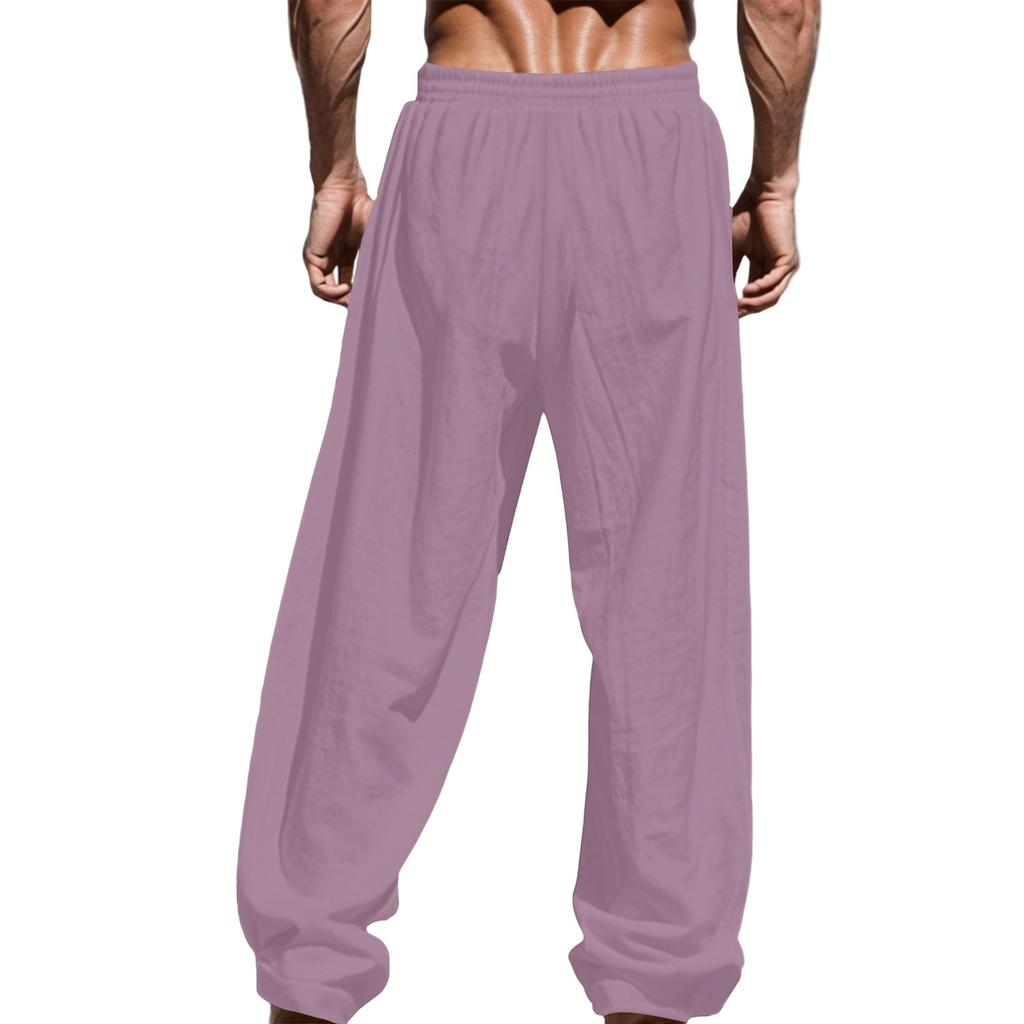 Men's Loose Casual Color Cotton Linen Trousers Elastic Tie Printed Straight Pants