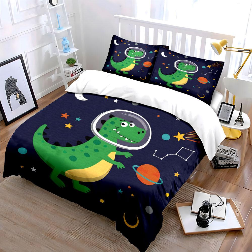 Dinosaur Astronaut Space Theme Bedding Duvet Cover Set (1*Duvet Cover 2*Pillowcases, without duvet insert)