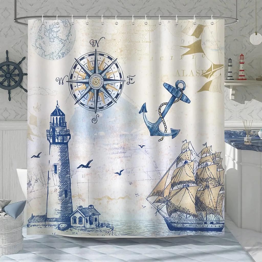 Lighthouse Shower Curtain, Nautical Coastal Sailboat Compass Bathroom DecorPolyester Fabric Waterproof Bath Curtain with 12Hoo
