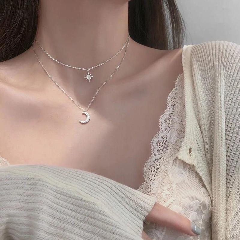 Korean Style Star Moon Butterfly Pendant Choker Necklace Double Layer Clavicle Chain For Women Girl Jewelry Accessories
