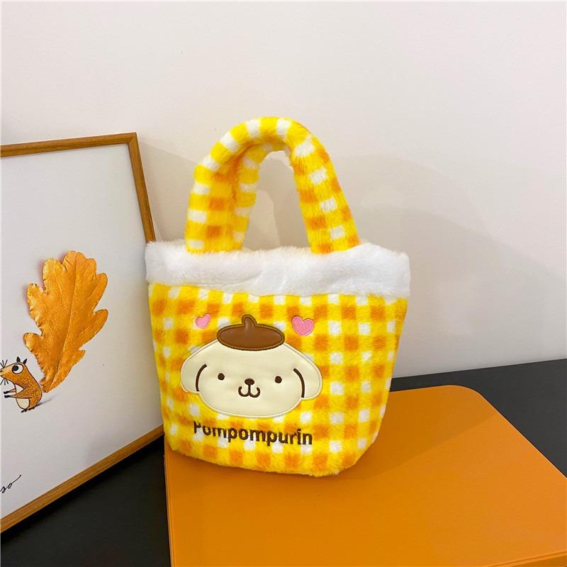 Winter New Plaid Handheld Fluffy Bag Girl Heart Cute Rabbit Female Storage Hand Carrying Cartoon Basket Bag