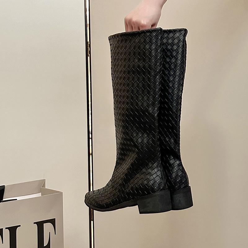 Design sense woven boots women's summer new versatile fashion big tube circumference thick heel boots