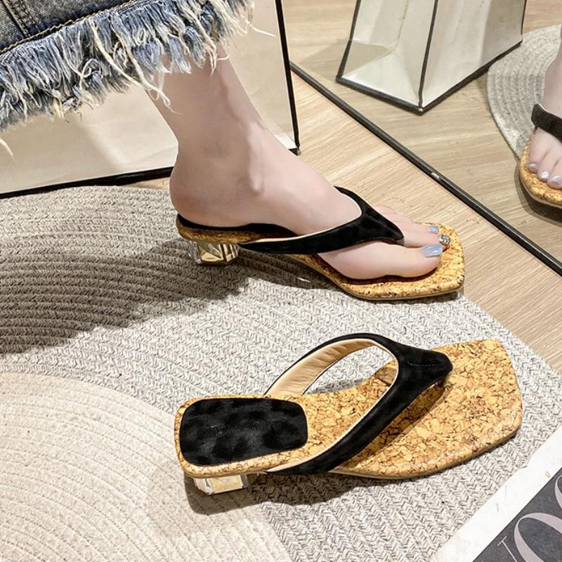 Fashion Square Toe Flip Flops Women Slippers Heeled Sandals Loafers Shoes Woman 2025 Trend Summer Shallow Dress Comfort Clip Toe Slides