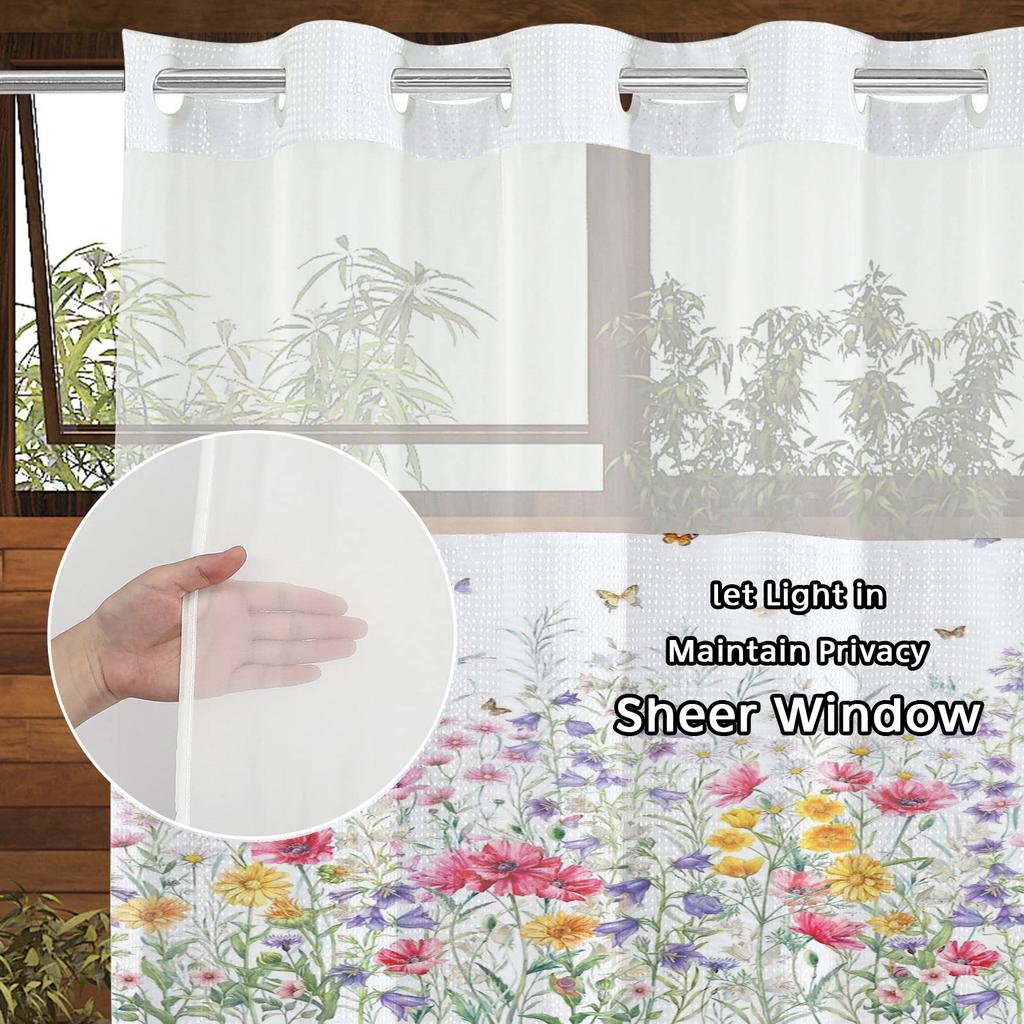 No Hook Floral and Butterfly Shower Curtain With Snap-in Fabric Liner, Sheer Top Window, Waterproof Double Layer Bathtub Curtain