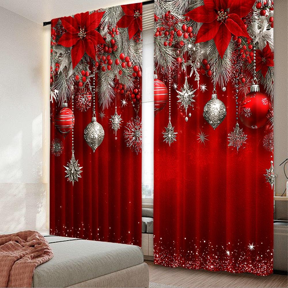 

Flat Printing Christmas Hot Curtains Festiveornaments Digital Printed Polyester Drapes Family Party Decoration Curtain Set Of 2 Made Washable W100*H70(CM)-Hooks&2PCS