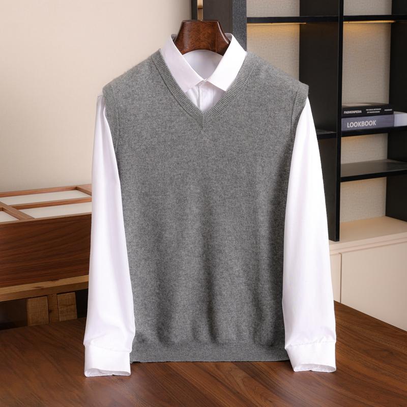 Men's 100% Cashmere Vest Business Casual Knitted Sleeveless V-Neck Jumper Loose Pull Over Top Pullover Cashmere Sweater