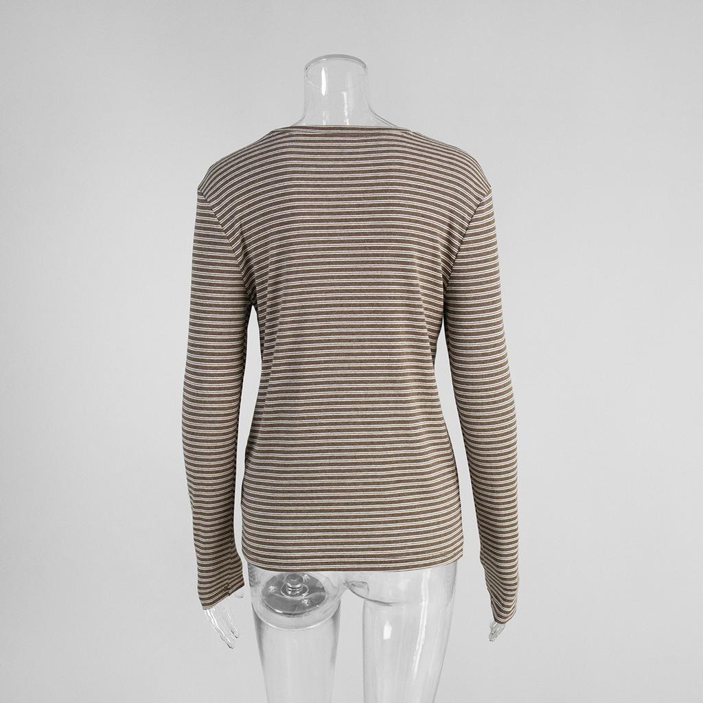 T-shirt Base da Donna a Maniche Lunghe a Righe Girocollo Slim Fit in Cotone per Autunno Inverno, Maglietta Intima Casual da Pendolare