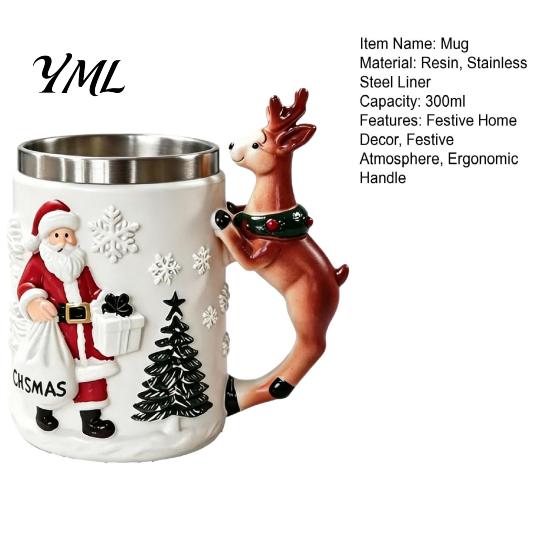 Decorative Desk Pen Holder Christmas Santa Claus Coffee Mug with Reindeer Handle, 300ml 3D Collectible Drinkware Embossed Resin Holiday Cup