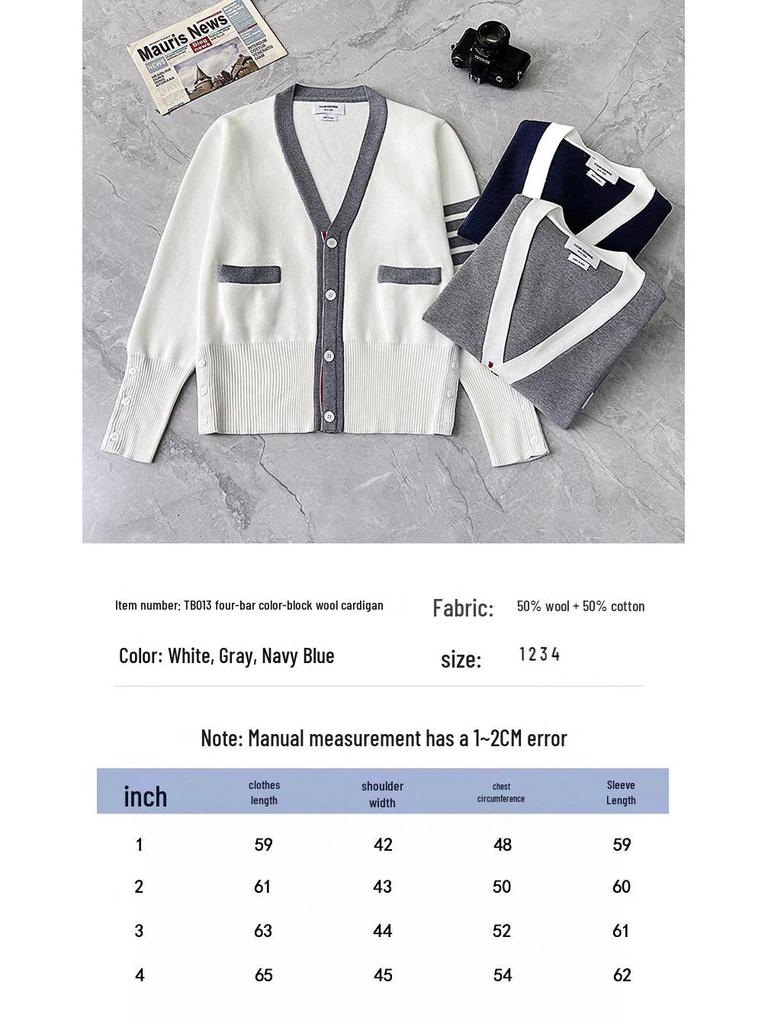 TB Unisex V-Neck Knit Cardigan - Autumn/Winter Colorblock Sleeves with Four Stripes, Slim Fit, Fairy Style.