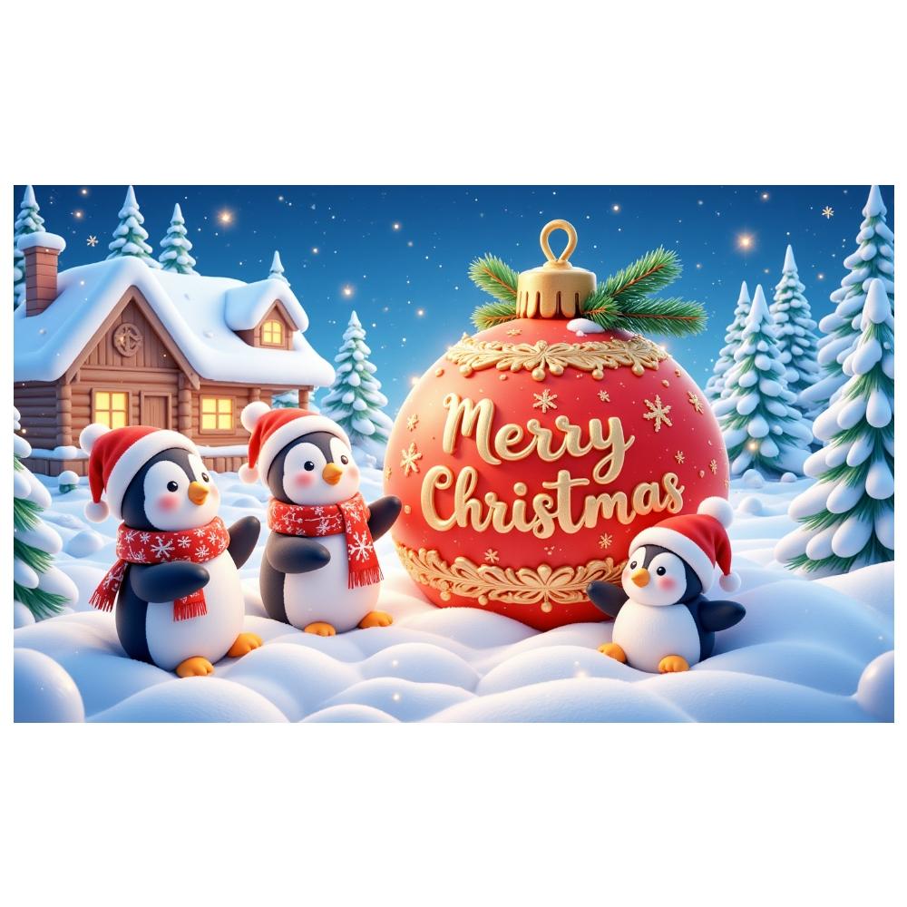 Festive Banner Gold Decorative Penguin Christmas Banner Holiday Banner Snowy Tree For Holiday Photo Shoot Christmas Decoration