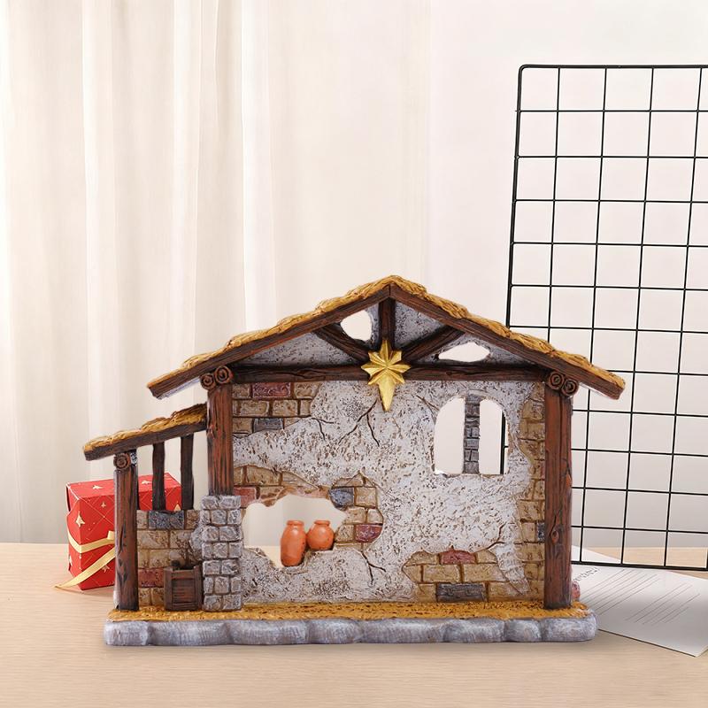 Weihnachtsstall Haus Schuppen Statue Krippe Schuppenszene Skulptur Ornament Harzfigur Religiöses Geschenk Dekoration Schreibtischdeko
