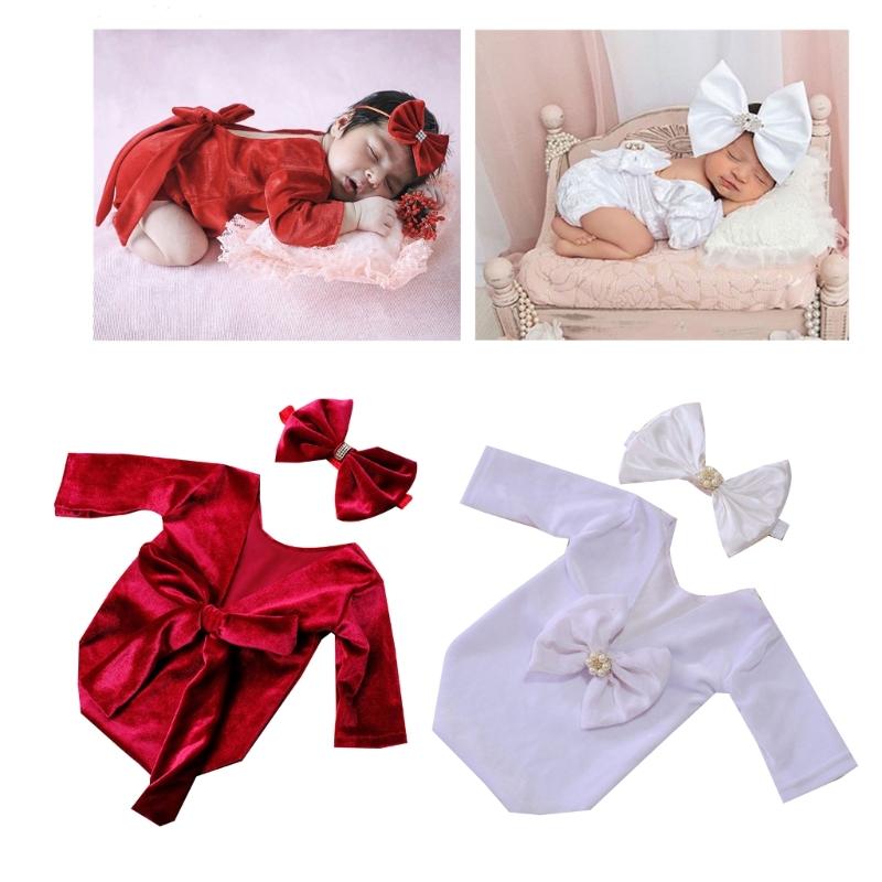 Baby Girls Photo Clothes Long Sleeve Jumpsuit Newborn Costume OnePiece Romper Bowknot Headband Infant Photo Outfit 2pcs