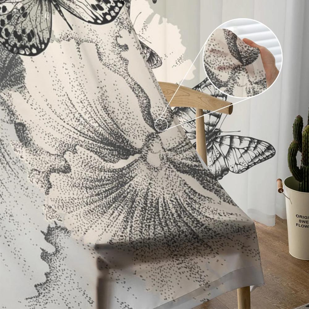 Black And White Butterfly Flower Art Drapes for Living Room Decoration Chiffon Sheer Kitchen Bedroom Curtain
