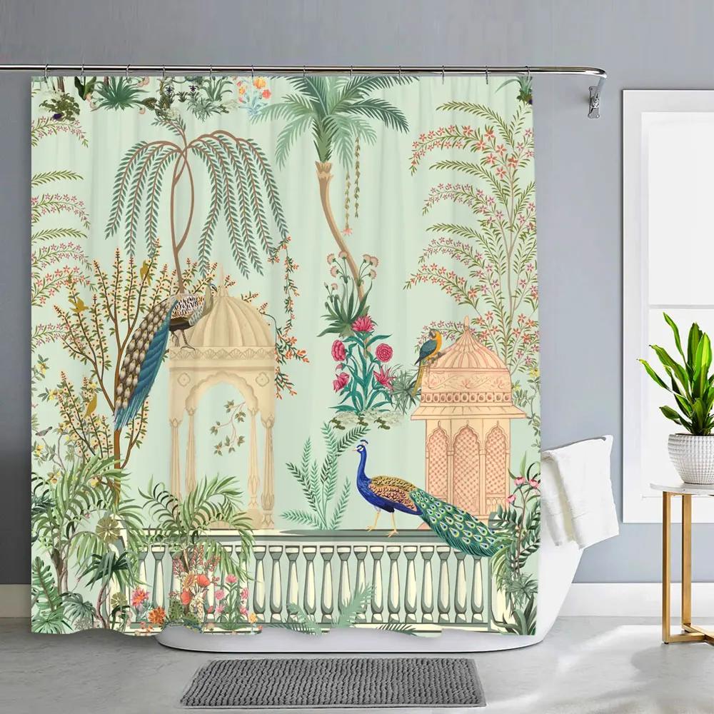 Flower Bird Shower Curtain Botanical Flower Leaf Home Decor Polyester Fabric Washable Shower Curtains Bathroom Decor With Hooks