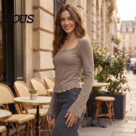 Regular Fit Women Tops Square Collar Blouse, Ruffle Cuff Hem Bell Sleeve Top, Office Wear Blouse Breathable Solid Color Casual Shirt for Early Autumn