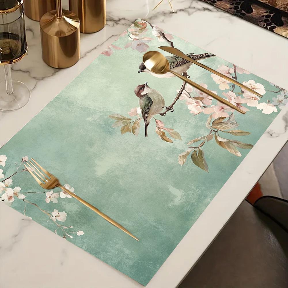 4pcs Vintage Floral Bird Placemats - Elegant Teal & Pink Table Mats, 12x18 Inch Rectangular Dining Decor for Christmas, Thanksgiving, Halloween