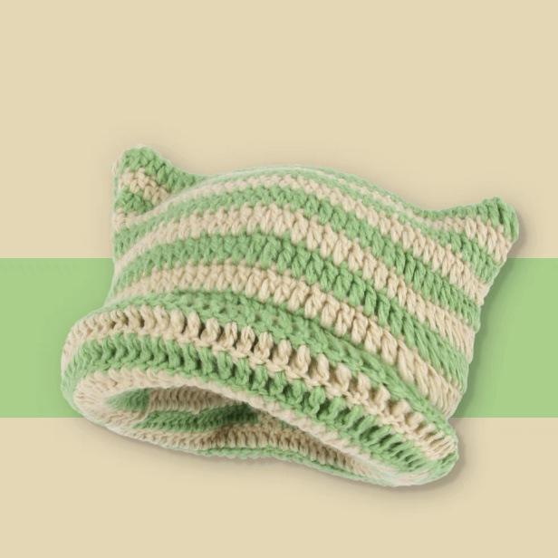 Y2K Women's Christmas Red Green Slouchy Beanies Crochet Acrylic Cotton Cap 3D Embroidered Demon Devil Cat Fox Ear Knitted Stripe