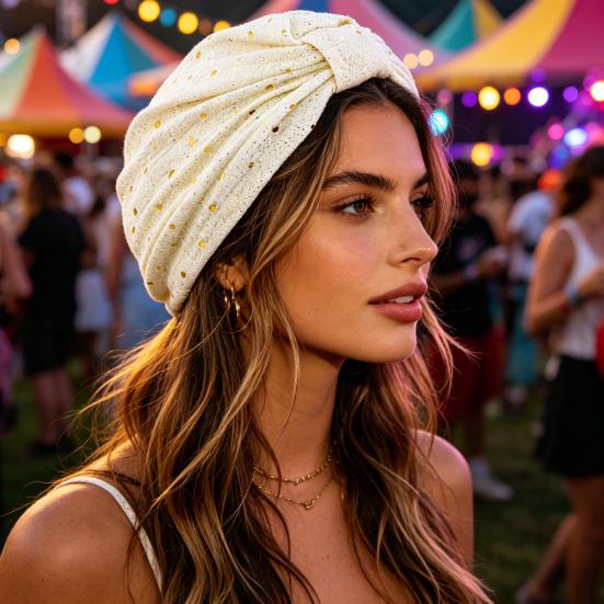 Turban Hat for Women, Sequined Crepe Fabric Headwrap, Ethnic Style Knotted Front Headwrap for All Face Shapes
