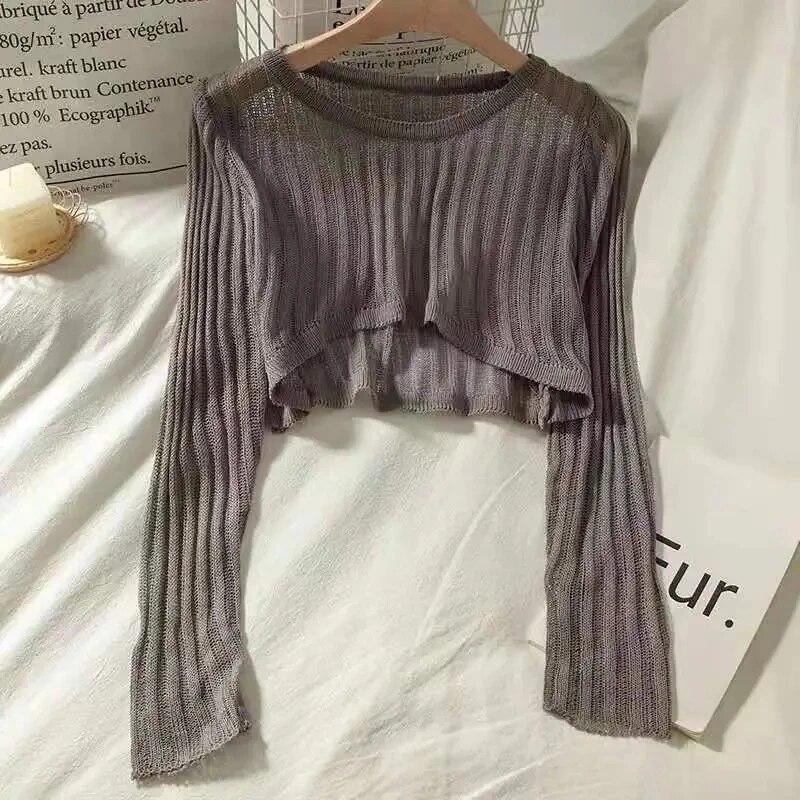 Long Sleeved Hollow Knit Sunscreen Blouse Slim Thin Pullover Women's Crop Top Simple Casual Commuting Spring Summer