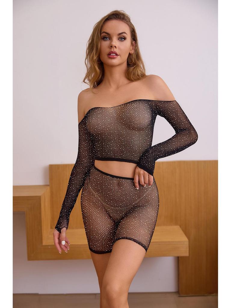 Stylish Black Fishnet Lingerie: Sexy See-Through Bodysuit with Tempting Hollow Design