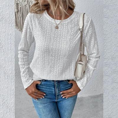 Spring Autumn Woman's Blouse Solid Color Long Sleeve Hollowed Out Casual T-shirt Tops