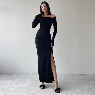 Solid Color Sexy Miniature Dress Women's One-shoulder Slim-fit Slit Dress