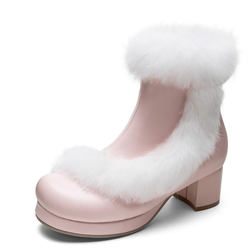 Fashion Ladies Ankle Boots Women Shoes Sweet Fur Lolita Lovely Cosplay Platform Girls Mid Heels Booties Woman Pink White Big Size 31-46