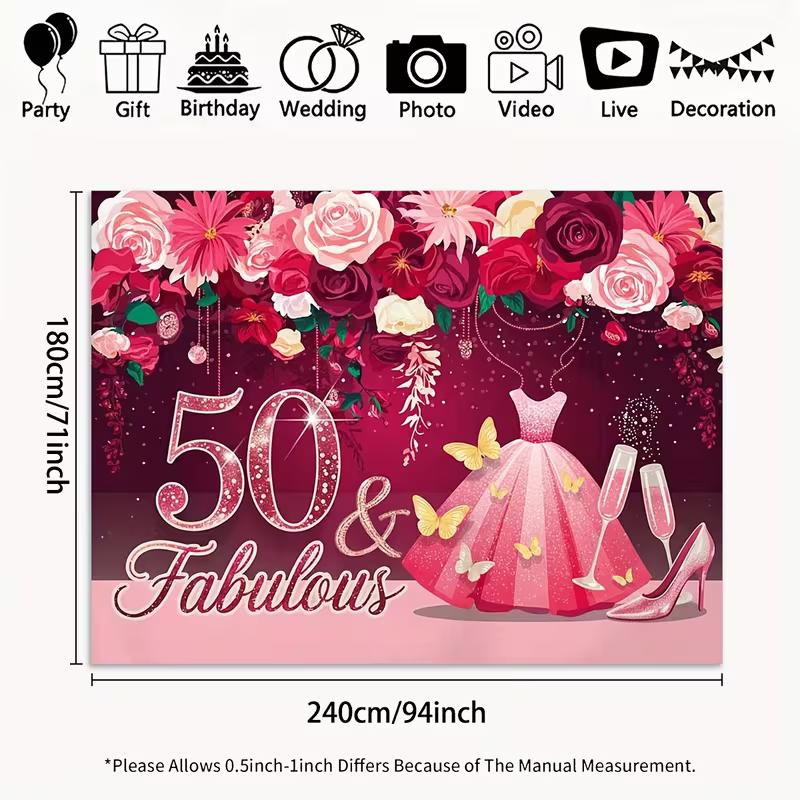 2D Pink Floral 50th Birthday Backdrop, 50 & Fabulous Photography Background 47.2x31.5inch/120*80cm