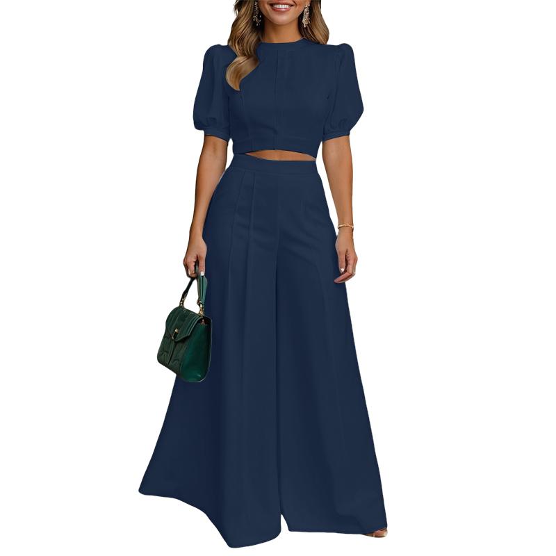 ZANZEA Women Short Sleeve Cropped Tops and Wide Leg Pants Two Piece Suit Sets