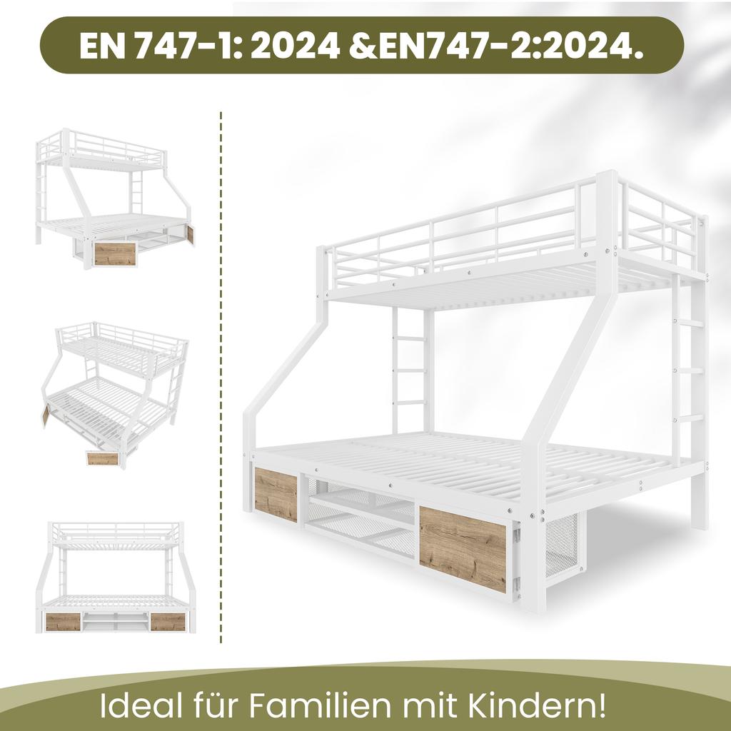 90 x 200 cm, 140 x 200 cm, litera, con zapatero, compartimentos de almacenamiento, barandilla de seguridad, escalera, certificado EN747, sin colchón, blanco